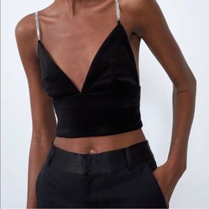 Crop Top Black Velvet Strass Zara